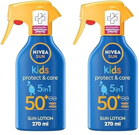 NIVEA SUN Kids Protect & Care SPF 50+ Trigger Spray (270ml), Water-Resistant Sunscreen Spray, Sun Cream for Children Provides Instant and Effective UVA + UVB Protection (Pack of 2)