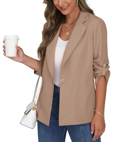 PrinStory Blazer dam kontor långblazer, justerbara ärmar, kavaj, kavaj, sportig, elegant jack, kaki, 48