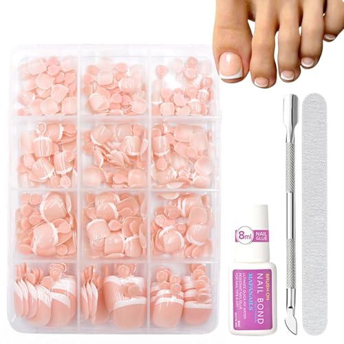 Nude False Toenails - 240pcs Short Square French Fake Toe Nails Set - Glossy Toe Nails False With Glue - Full Cover Stick On Toenails For Women Nail Art DIY Gift Manicure Decorations