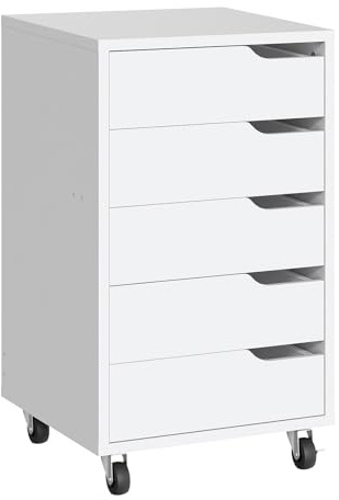 HOOBRO Rollcontainer mit 5 Schubladen, mobiler Aktenschrank mit 4 Lenkrollen, Schubladenschrank, Büroschrank, Bürocontainer, Schreibtisch Unterschrank für Arbeitszimmer und Wohnzimmer, Weiß EWT15WJ01