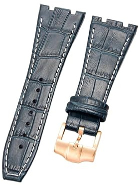 ROUHO 26mm Cuir Véritable Bracelet de Montre Remplacement Boucle Ardillon Bracelet Montre pour Audemars Piguet Royal Oak Offshore AP15400 26320-Bleu + Blanc avec Or Rose Boucle