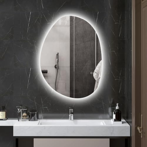 HOMCOM Miroir Salle de Bain avec Éclairage LED 80 x 60 cm IP44 Argenté | Miroir Lumineux Mural Asymétrique, Anti-Buée, 3 Couleurs Lumière, Dimmable, Mémoire, Interrupteur Tactile, Verre Trempé