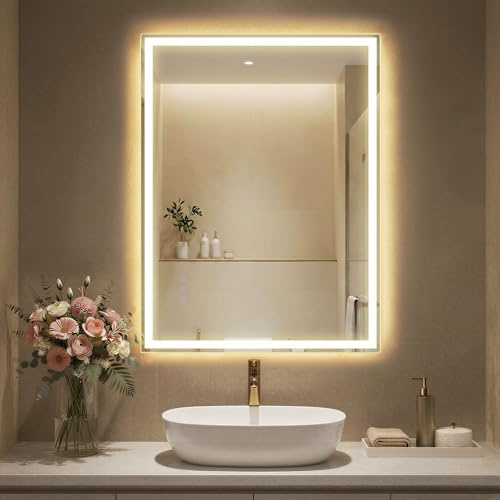 SONGMICS Miroir de Salle de Bain avec Éclairage, Miroir Mural Rectangulaire, Anti-buée, Température et Luminosité Réglables, pour Coiffeuse, Chambre, 80,7 x 60,7 cm, Blanc Nuage LWM210WC02