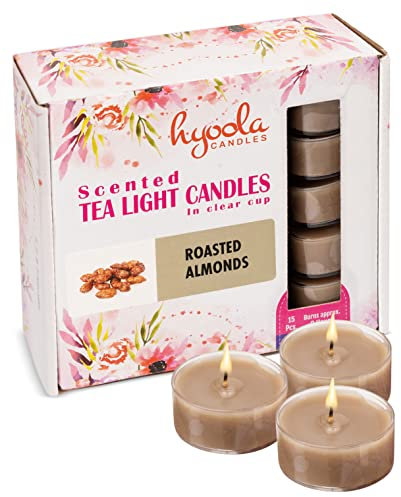 Hyoola Candele Profumate Tealight - Lumino in Portacandele Trasparente - Candele Profumate Piccole Mandorle Tostate - Durata Candela 6 Ore - Set Candele Profumate da 15 - Made in EU