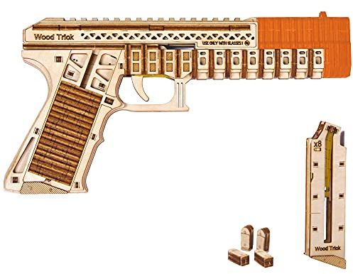 Wood Trick Defenders Gun 3D Wooden Puzzles for Adults and Kids to Build - Shoots up to 13 ft - 2 Clips - 9x5 in - Wooden Model Kits for Adults and Kids - 14+