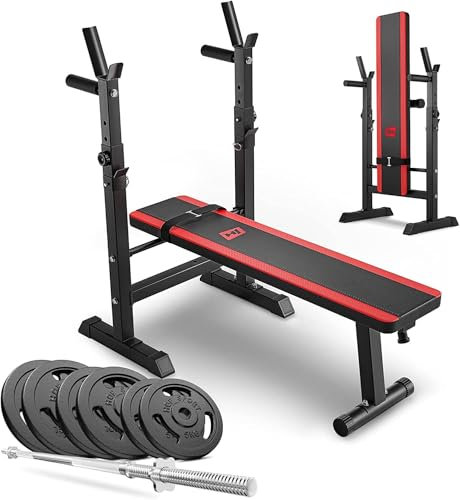 Hop-Sport HS-1080 klappbare Hantelbank mit Gewichten Sets 39kg/69kg – Hantelsets mit Langhantel, Hantelscheiben aus Gusseisen (69kg Gewicht + Langhantel)