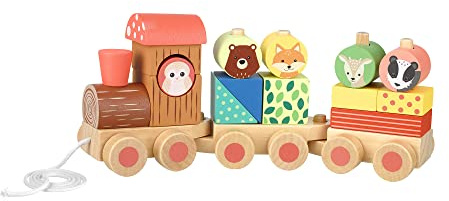 Woodland Animals Wooden Train Pull Along Toy - Push and Pull Stacking Toys for 1 Year Olds and Toddler - Wooden Stacking Blocks with Puzzle Shapes, Early Development Activity Toys by Orange Tree Toys