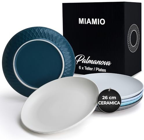 MIAMIO – Plates Set of 6 / Modern Plate Set Made of Ceramic/Stoneware - Palmanova Collection (26 cm, Ocean Blue)