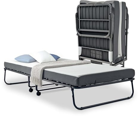 Nestl Folding Bed with 5 Luxury Memory Foam Mattress, Portable Rollaway Guest Bed with Sturdy Frame, Locking Wheels & Cover, Roll Away Fold Up Beds with Mattress for Adults, Twin Foldable Bed 75”x31”