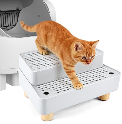 Adjustable 2 Steps Litter Box Ramp, Cat Litter Catcher Mat with Wooden Feet, Filter Function, Litter Box Step for Small & Elderly Cats, Fits Automatic Litter Boxes (Light Grey)