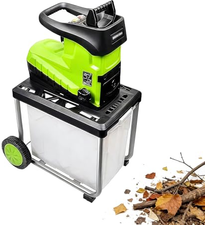 Broyeur de jardin électrique 2800 W, déchiqueteuse à bois avec roues, interrupteur de sécurité, bac de collecte de 60 L, broie jusqu'à 45 mm, niveau sonore de 92 dB