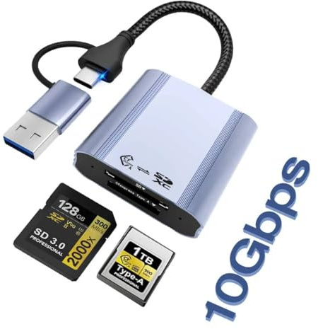 2-i-1 SD-Kortläsare och CFExpress-Kortläsare 10 Gbps USB 3.1 Gen2, Aluminiumtyp A CFExpress-Adapter Kamera Extern Minneskortläsare Stöder Windows/Mac OS/Linux/Android