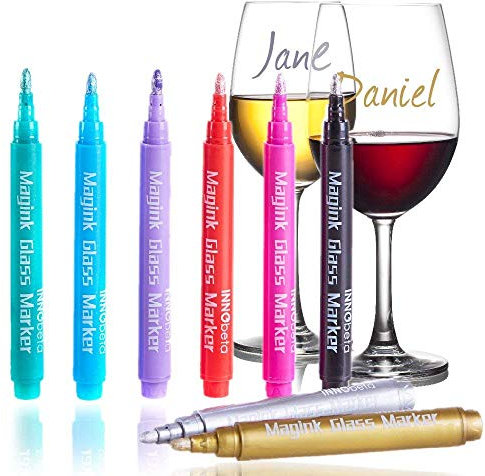 InnoBeta Magink 8er-Pack metallic Marker Pens Weinglas-Marker, Glasstift, Glasmalstifte, radierbar, ungiftig, schnelltrocknend, Alternative für Weinglasschmuck, Am besten für Abendessen,Party,Hochzeit