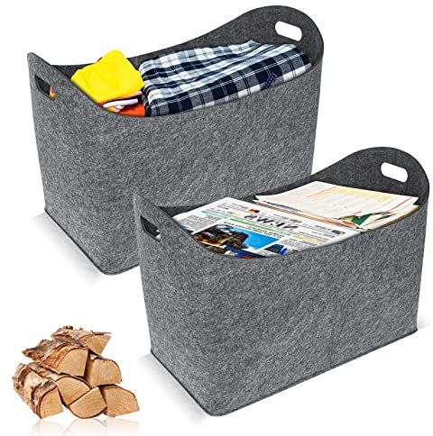 LZQ Cesta de madera XXL para leña con asas reforzadas, cesta para leña, cesta de fieltro, bolsa para leña, bolsa de la compra, bolsa de libros, 2 unidades de color gris claro