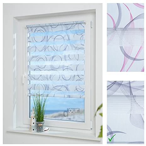 ourdeco® Doppel-Rollo, Duo Rollo Klemmfix / 100 x 160 cm, mit Druckmotiv Espiral Blue/lichtdurchlässig, Blickdicht