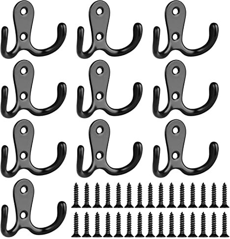 Bohoray 10 Stück kleiderhaken, Wandhaken Retro Haken Garderobenhaken Vintage Metall Doppelhaken Wandhaken, Kleiderhaken Wand mit 30 Stück Schrauben für Mäntel, Handtücher, Rucksack, Hut (Schwarz)