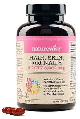 NatureWise Hair Skin and Nails Vitamin, Biotin 5000mcg w/Hyaluronic Acid, Collagen for Women with C, B Complex, D3, A, E, Iron - Non-GMO, Gluten Free - 150 Softgels[50-Day Supply]