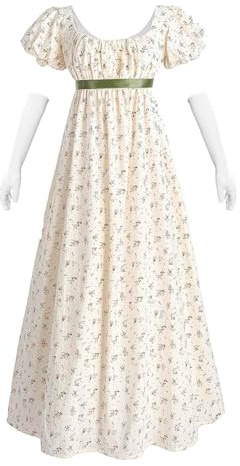 Fiamma Abito Regency da donna - Stile impero - Motivo floreale - Lungo - Festa - Rinascimento, beige, L