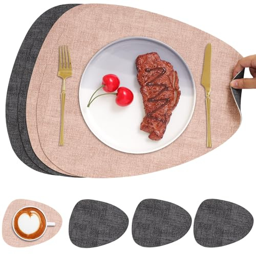 Chitomars Placemats and Coasters Set of 4 Dual Sided Faux Leather Table Mat | Heat Resistant Washable Place Mats Non Slip Waterproof PU Leather Placemat for Dining Table Indoor Outdoor (Grey Pink)