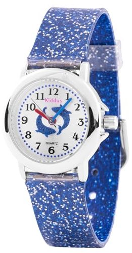 Kiddus | Klocka flicka med Glitter. Klocka Flicka Analog med övningar för att lära sig klockan. Barnklocka, lätt att läsa. Armbandsklocka från 4 år.
