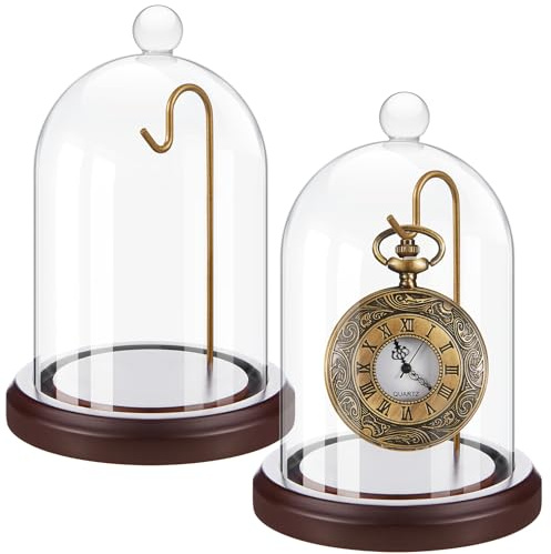Beeveer 2 st fickur glasdisplay med krokar kupol cloche med träbas dekorativ kupol monter för klockor växter medaljer foton samlarobjekt mörk MDF-bas