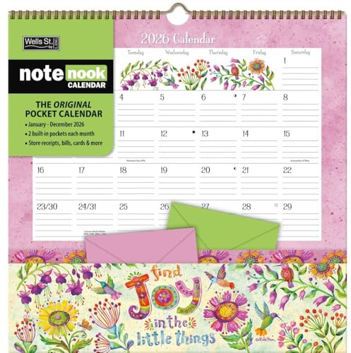 WSBL Simple Inspirations 2026 Note Nook Wall Calendar – 12-Month Organizer Calendar with Dual Storage Pockets, Uplifting Inspirational Art by Debi Hron, 12″ × 12.125″