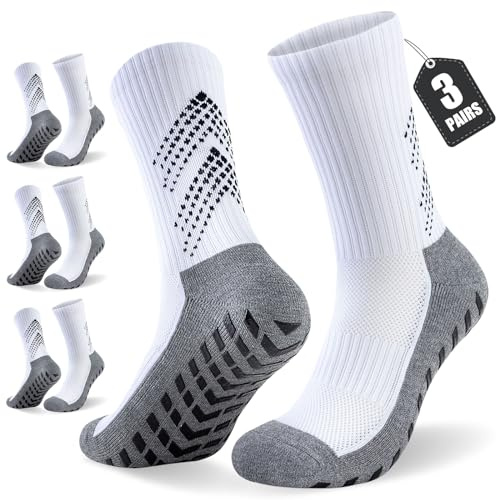 Niorasen 3 Pairs Grip Socks, Anti-Slip Football Sports Socks for Men Women Cushion Wicking Breathable Athletic Sock Slipper for Soccer Basketball Running Rugby Yoga Walking Hiking Cricket (White-L)