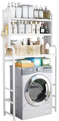 3-Tier Over Washing Machine Storage Shelf, Expandable Adjustable Height 155~185cm/Width 54~81cm Storage Rack Above The Toilet, Space-Saving Bathroom Storage Cabinet, Washer and Dryer Rack (White)