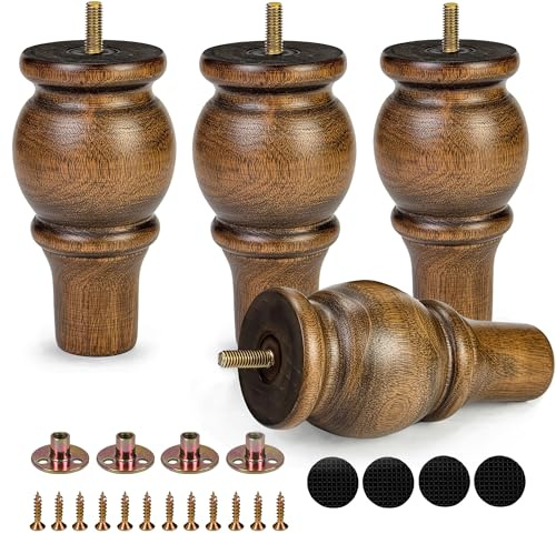 Aiminjey 6 Inch Wooden Furniture Legs Set of 4 Sofa Replacement Brown Solid Wood Furniture Feet for Armchair Couch Cabinet Dresser Ottoman TV Stand Bed Legs with Mounting Plates Screws (6inch)
