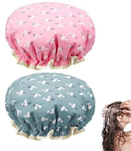 2 Pcs Shower Cap,Large Caps Waterproof Elastic Band Bath Double Layers Reusable with Ruffled Edge Covering Ears for Long,Keeping Short and Curly Hair,for Women UK and Girls and Kids,Multifunctional