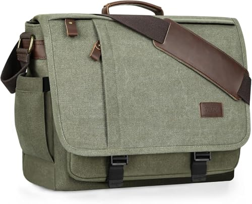 Estarer Borsa messenger da 17,3 pollici, in tela impermeabile, borsa a tracolla per computer per college, viaggi, lavoro, verde militare
