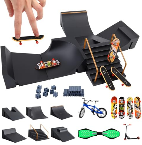 Pro Fingerboard Skate Park Set with Mini Fingerboard Ramps and Finger Scooter Stunt Bikes for Kids Desktop Play and Training Props, Portable Finger Skateboard Toys for Beginners and Advanced Users