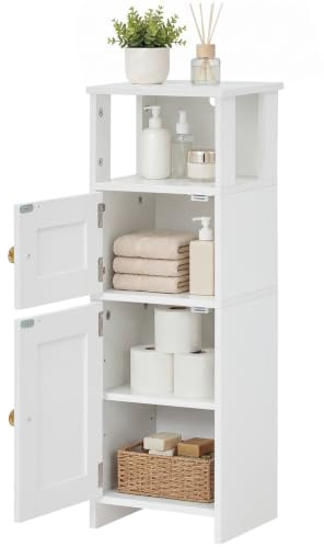 HOOBRO Armario de Almacenamiento para Baño, Mueble de Baño Estrecho y Compacto, Armario Alto Independiente con Estante Ajustable, para Lavandería, con Espacio Abierto y Oculto, Blanco EWT42BC01