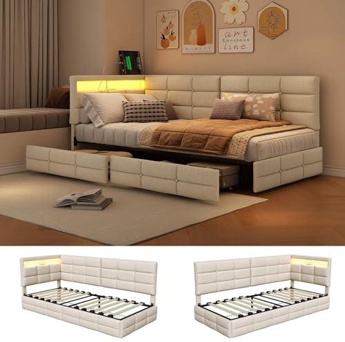 BRILVERDE Cama con almacenamiento de 90 x 200 cm con cajones, cama acolchada con luz LED/USB, sofá cama con cabecero contenedor, somier de láminas, lino (beige, 90 x 200 cm)
