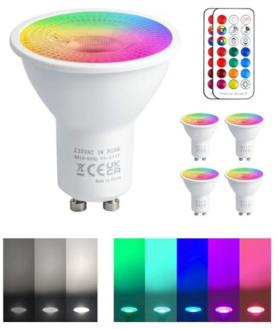 REYLAX GU10 RGB LED Farbwechsel Lampen, 5W Kaltweiß 6000K Dimmbar Glühbirne 50W Halogenlampen Gleichwertige, RGB Led Strahler Bunt, LED Spot Leuchtmittel mit Fernbedienung (4 Stück)