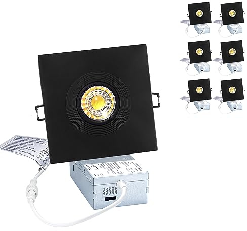 POPANU Canless Recessed Gimbal Downlight Rotatable-Spotlight 5 CCT 4 Inch Eyeball Ceilling Potlight, Dimmable Lights Fixture with Junction Box, 8W CCT Adjustable, Black Square Trim, with Baffle, 6P