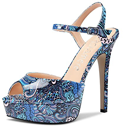 Castamere Mujer Aguja Alto Plataforma Abierta Punta Sandalias Correa Tobillo Slingback Cierre con Hebilla Pumps de Boda Fiesta Dress Zapatos 13CM Heels Multicolor Charol 38 EU
