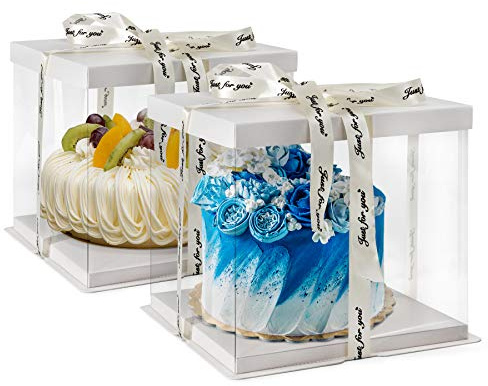 HOYA PONYOO Clear Cake Box, 2-Pack Cake Carrier Container 10 X 10 X 9 with Ribbon Transparent Boxes with Lid Gift Package for Birthday Wedding Party, White