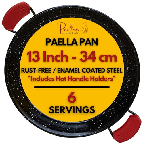 Paelluxe Paella Pan – Enamelled, No-Rust Steel Skillet – Easy-to-Clean Pan for Propane & Gas Burners – Indoor & Outdoor Cooking Cacerola Paellera Sarten – 13 Inch, for 6 Servings