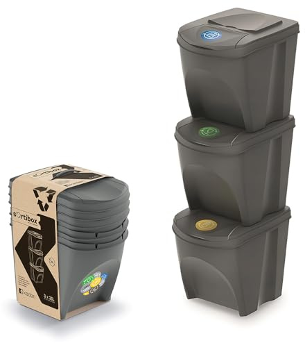 Mülleimer Abfalleimer Mülltrennsystem, Mülltrennsystem 3fach - Hochwertiger Abfallbehälter - Moderner Trash Bin für Effiziente Mülltrennung im Haushalt oder Büro - Robust und Langlebig (Grau, 3x25L)