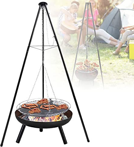 Trépied d'extérieur pour barbecue au charbon de bois, barbecue avec chaîne réglable en hauteur de 160 cm, grill suspendu pivotant, portable pour pique-nique, camping, jardin