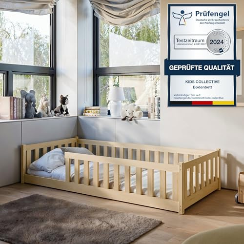 Kids Collective Letto Montessori per Bambini a Terra 80 x 160 cm Con Materasso, Protezione Anticaduta e Rete a Doghe - Singolo Naturale in Legno di Pino