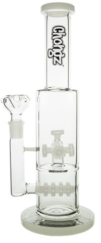CHONGZ Glass 32cm Pulsar Percolator waterpipe bong with white accents, manufactured from 5 mm thick borosilicate glass, permanent Brand logo, 5 x White Showerhead Percolators