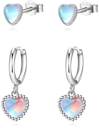 HinDaLi Pendientes Corazón Plata de Ley 925 con Ópalo, 2 Pares