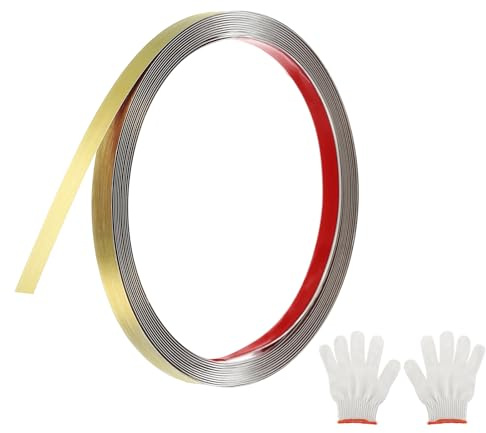 QUARKZMAN Moulures Décoratives Autocollantes en Acier Inoxydable, 5m X 1cm Doré Garniture de Moulure Murale Autocollante avec Finition Brossée avec des Sacs et des Gants pour Mur, Sol
