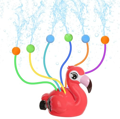 MoKo Water Sprinkler for Kids,Cute Spray Flamingo Toys with 6 Wiggle Tubes 6 Sponge Balls 1 Hose Clamp Outdoor Summer Sprinklers for Garden Backyard Lawn Splashing Fun Toys for Pet, Red Flamingo