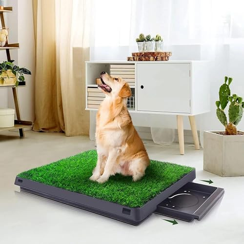 Dog Toilet Tray with Pull-out Drawer, 64 x 51 cm Grass Pee Pad | Artificial Grass Patch for Dogs, Grass Rug Turf Pet Potty Litter Tray Indoor/Outdoor