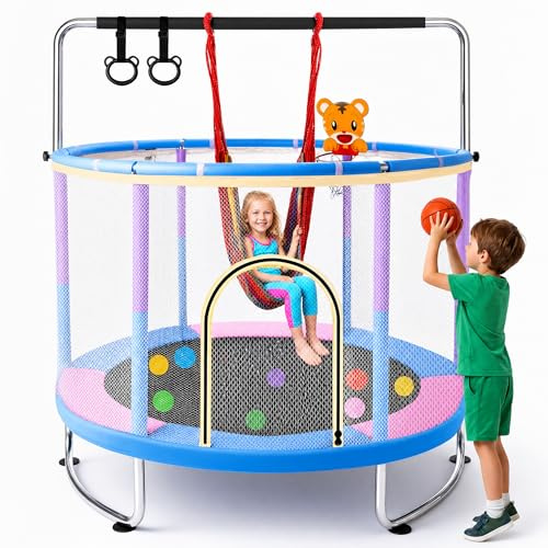 hotsizz Trampoline 1,5 m, avec balançoire, Barre de Gymnastique, Panier de Basket, pour Enfants de 3 à 14 Ans, Trampoline Enfant adaptés à Une Utilisation en intérieur et en extérieur