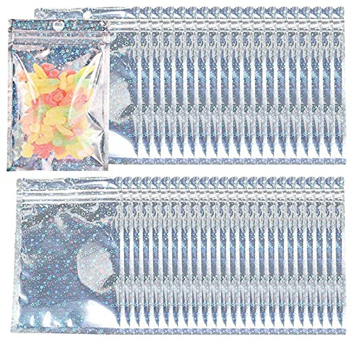 50 st självtätande kakpåsar, folie Ziplock-påsar återförslutningsbara vax smälter förpackning smycken Mylar söt förpackning folie påse holografiska påsar för godiskex (10 x 15 cm)