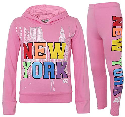 A2Z 4 Kids Ragazze New York Set con Cappuccio Top con Maniche Lunghe Leggings - New York Hooded Crop Set Baby Pink 13